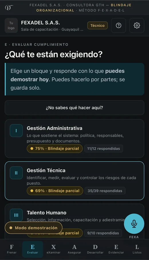 Pantalla de Blindaje Organizacional: evaluar cumplimiento por bloques
