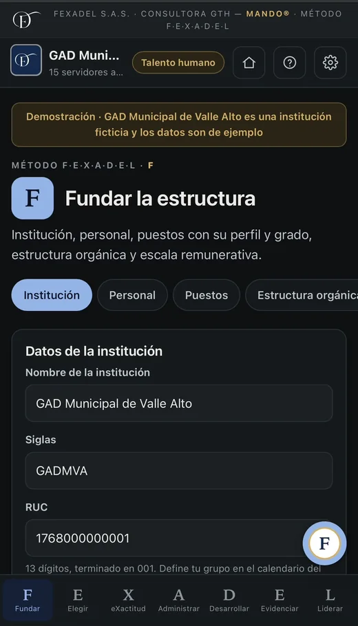 Pantalla de MANDO® Sector Público: datos de la institución y estructura